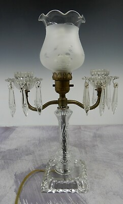 #ad Vintage Two Arm Candle Holder Electric Table Lamp With Hanging Crystals B $69.99