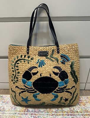 #ad Kate Spade New York RARE Blue Crab Straw Large Tote Purse Authentic $199.95