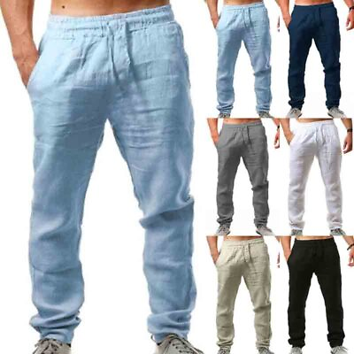 #ad Men Casual Pants Natural Cotton Linen Trousers Breathable Elastic Waist Straight $25.77
