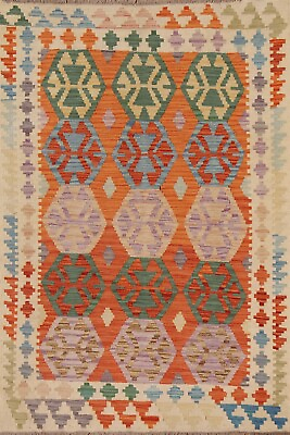 #ad Orange Ivory Reversible Kilim Kelim Hand woven Area Rug 3#x27;x5#x27; Geometric Carpet $106.00