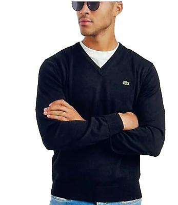 #ad Lacoste Mens V Neck Sweater Black Large 5 Long Sleeve Alligator Pullover Shirt $40.00