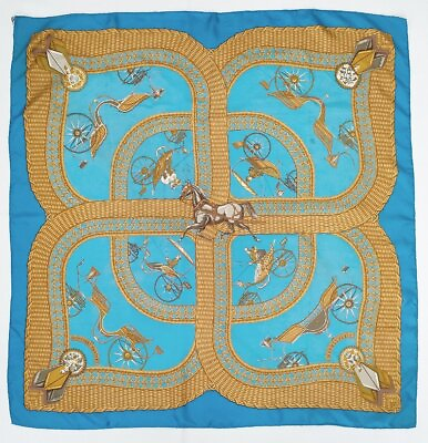 #ad HERMES Scarf CARRE 90 VOITURES PANIERS silk blue $148.50