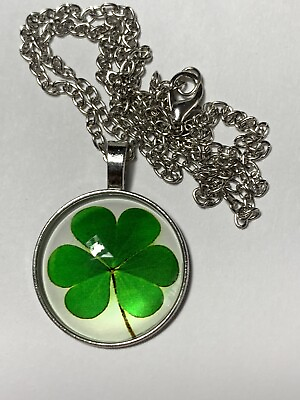 #ad Necklace Lucky Clover Shamrock Pendant 1”H Round St Patrick Metal Chain 18” New $8.99