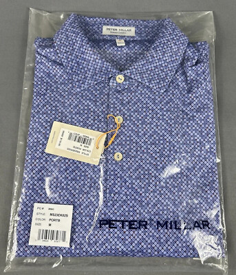 #ad Peter Millar Golf Shirt Polo CS Summer Comfort Sterling Tile Print Medium Blue $95.54