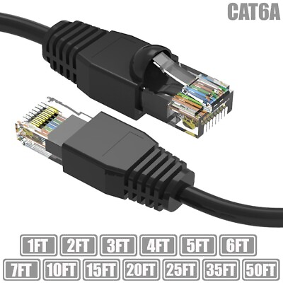 #ad 1 50FT Cat6A RJ45 Network Ethernet UTP Patch Cable Booted Cord Copper Black LOT $9.26