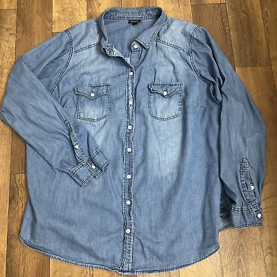 #ad Torrid Chambray Button Up Shirt Womens 2x Light Wash Blue Cotton Pockets $18.60