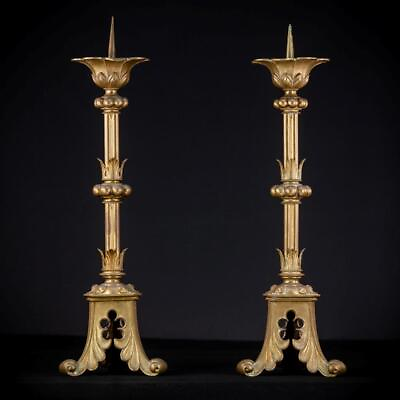 #ad Candlesticks Pair Gothic French Antique Gilded Bronze Candle Holders 24.4quot; GBP 675.00