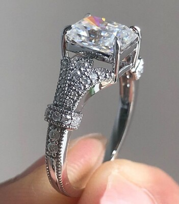 #ad Vintage Radiant Cut Lab Created Diamond Wedding Bride 14K White Gold Filled Ring $81.60