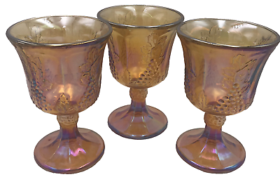#ad Indiana Glass Wine Goblets Marigold Carnival Glass Harvest Grape 5quot; set of 3 $29.99