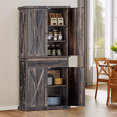 #ad 72#x27;#x27; Freestanding Kitchen Pantry Cabinet Cupboard w 4 Doors Adjustable Shelves $188.21