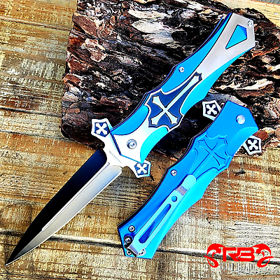 #ad 8quot; Tactical Spring Assisted Pocket knife Open folding Blade Cross Handle Blue $14.60