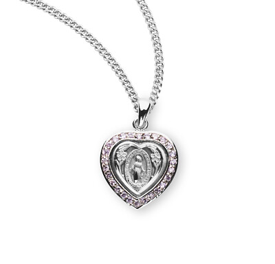 #ad #ad Sterling Silver Pink Cubic Zirconia Heart Shape Miraculous Medal Necklace 18 In $56.88