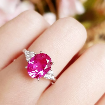 #ad 3 carats Genuine Lab Grown Oval Cut Pink Sapphire Three Stone Engagement Ring $79.19