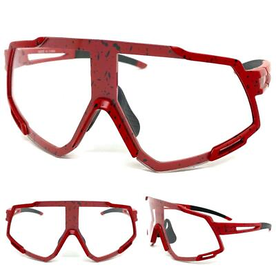 #ad SPORT CYCLING WRAP Protective Safety Eyewear Clear Lens SUN GLASSES Red Frame $14.99