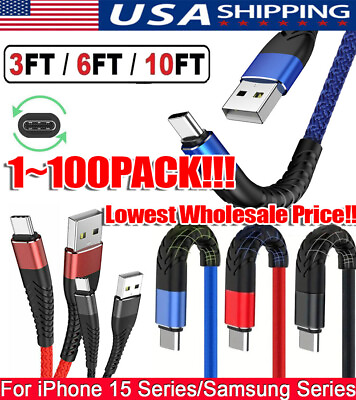 #ad Braided USB C Type C Fast Charging Data Cable Cord for iPhone 15 Pro Max 15 lot $132.29