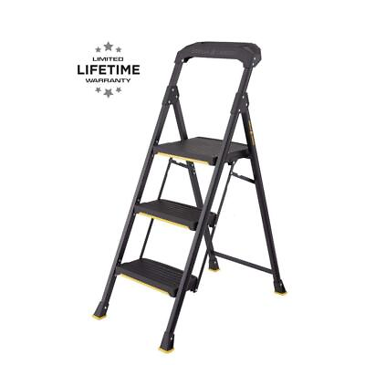 #ad 3 Step Stool Folding Ladder Heavy Duty Steel Black 300 Lbs Type IA Duty Rating $69.63