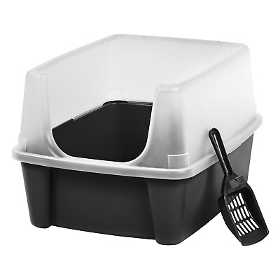 #ad High Sided Open Top Cat Litter Box with Scoop Solid Black $11.52