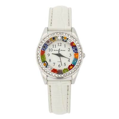 #ad GlassOfVenice Murano Glass Watch Millefiori And Crystals With Leather Band Whi $74.95