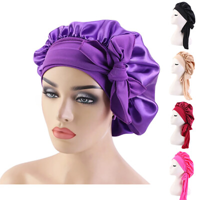 #ad Solid Satin Bonnet with Wide Stretch Ties Long Hair Care Women Night Sleep WD C $4.72