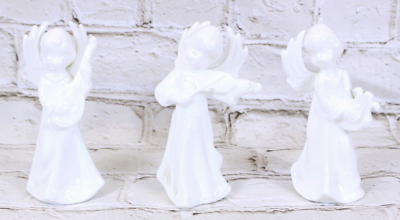 #ad Set Of 3 Vintage Fine Bone China White Angel Figurine w Instruments 4.5quot; $15.00