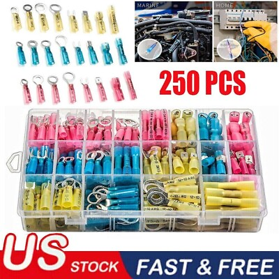 #ad 250x Heat Shrink Wire Connectors Electrical Ring Fork Spade Crimp Terminals Kit $15.95