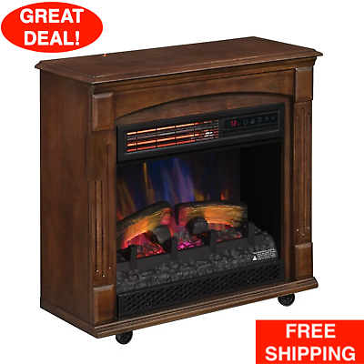 Rolling Electric Fireplace Mantel Infrared Quartz Heater Adjustable LED Flame $154.99