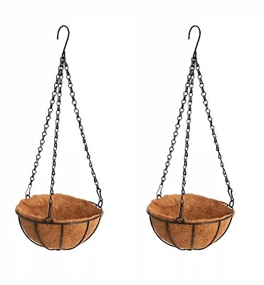 #ad 2 X Hanging Basket Planters w Hooks Chains amp; Coco Liners 10” Metal Reusable $24.99