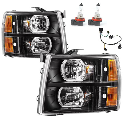 #ad For 07 13 Chevy Silverado Headlights Black Amber With Wiring Harnesses amp; Bulbs $105.99