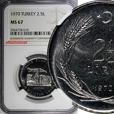 Turkey 1970 2 1 2 Lira NGC MS67 Mintage 200000 TOP GRADED KM# 896 010 $50.00