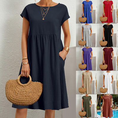 #ad Women#x27;s Cotton Linen Short Sleeve A Line Dress Summer Beach Holiday Sundress US $18.99