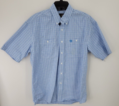#ad Wrangler George Straight Shirt Mens Medium Blue Plaid Short Sleeve Button Up $28.25