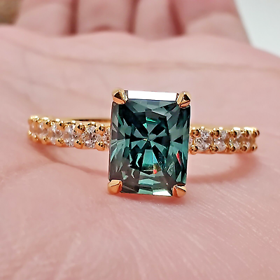 #ad 9X7 MM Radiant Dark Green CZ Stone Engagement Ring For Women 10K Yellow Gold 7 $339.15