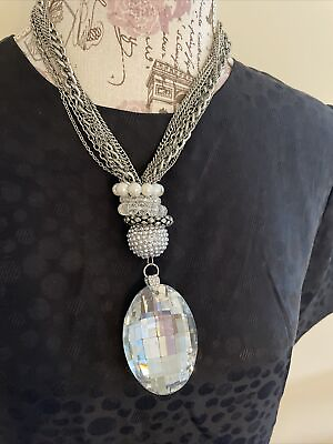 #ad Necklace 17”1.5Chains clearFaceted Reflective Pendant 2.5quot; Faux Crystals $18.99