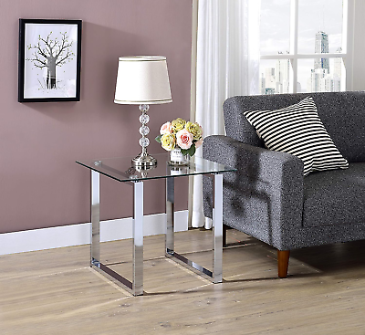 #ad Modern Chrome Finish Square Side End Table with Tempered Glass Top Nightstand $107.99