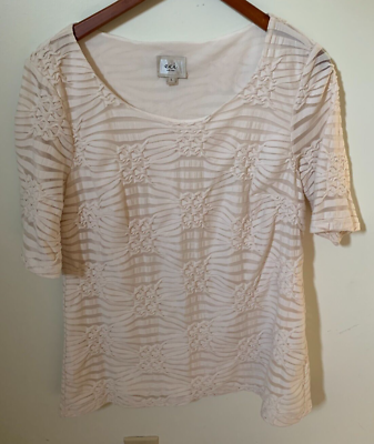 #ad ECI New York Womens Size L Short Sleeve Top Cream Burnout Lined Scoop Neck $10.62