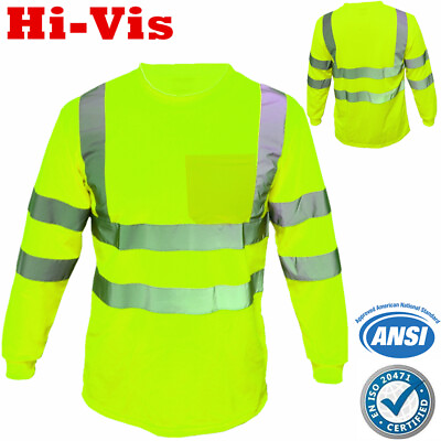 #ad Hi Vis T Shirt High Visibility ANSI Class 3 Reflective Long Sleeve Neon Lime $15.99