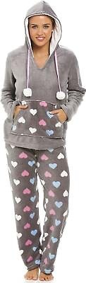 #ad Camille Womens All In One Warm Cosy Hooded One Piece Grey with Heart Print GBP 31.99