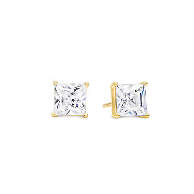 #ad Gold Plated Sterling Silver Stud Earrings Princess Square Cut Cubic Zirconia $13.99