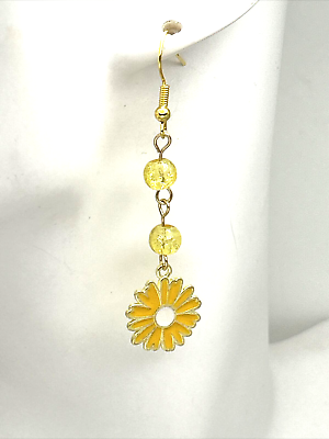 #ad Yellow Enamel Gerbera Daisy Flower Daisies Dangle Drop Earrings w Crackle Glass $2.48