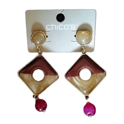 #ad Chicos Warm Tone 3quot; Diamond shaped Gold and Magenta Dangle drop Earrings $14.99