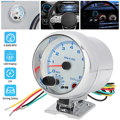 #ad 3.75quot; 12V Car Tachometer Gauge Meter 0 8000 RPM With LED Shift Light Universal $18.98