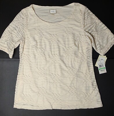 #ad ECI New York Women#x27;s Cream Burnout Lined Scoop Neck Short Sleeve Top Size L NEW $18.00