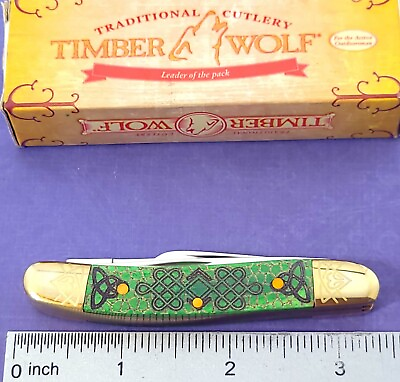 #ad TIMBER WOLF Knife Medium Stockman Engraved Green BONE Handles $29.99