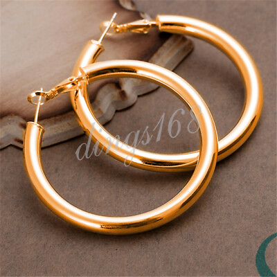 #ad 18K Gold Filled 5mm thick 2 inch Large Tubular Fashion Round Hoop Earrings H792G $16.99