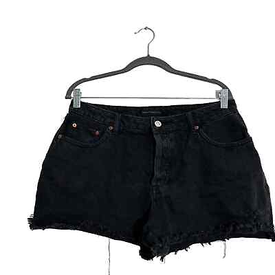 #ad House of Harlow Black Denim Hidden Button Fly High Rise Cut Off Jean Shorts 30 $40.00