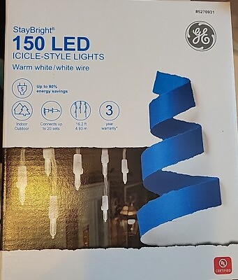 #ad GE 150 CT LED Icicle White on White Wire StayBright 16#x27;2quot; Christmas Lights $23.75