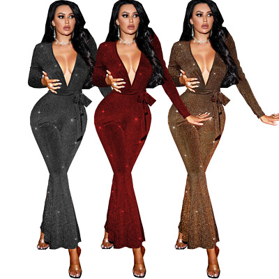 Sexy New Women Deep V Neck Long Sleeves Bling Bling Club Evening Party Jumpsuit $34.72
