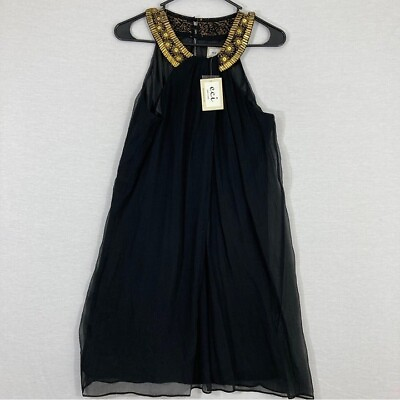 #ad NEW ECI New York Black Gold Embellished 100% Silk Dress size 2 $35.00