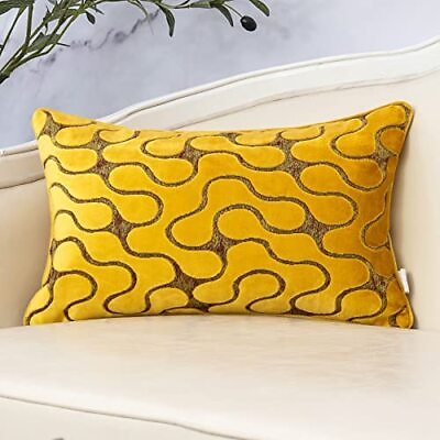 #ad Yellow Velvet Wave Lumbar Throw Pillow Cover Wavy Line Luxury Cushion Case Mo... $25.75