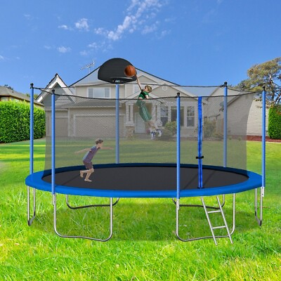 #ad 14FT Trampoline with Safety Enclosure Net Spring Pad Ladder Basketball Hoop $283.99